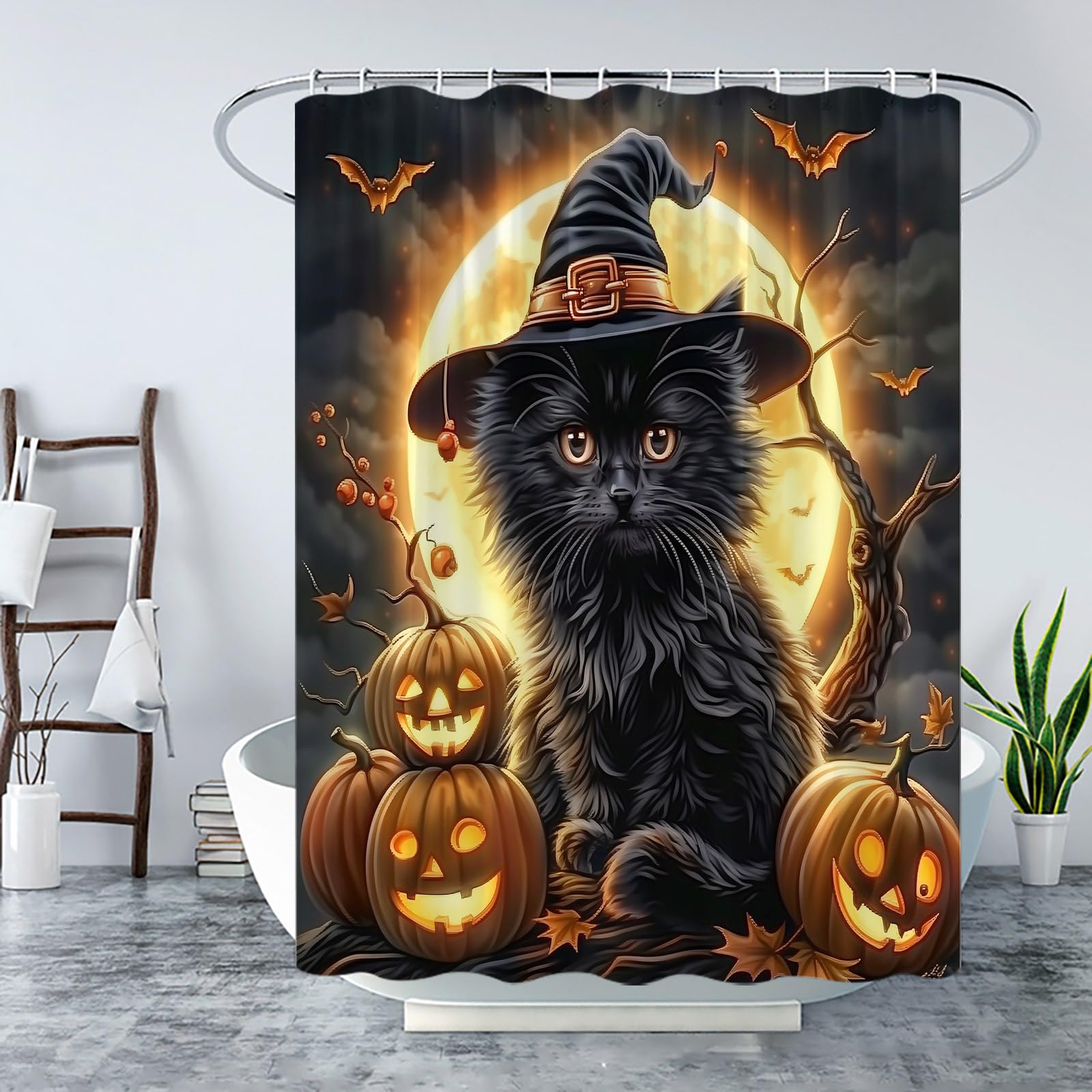 Amazon｜ハロウィンシャワーカーテン 不気味な黒猫 魔女の帽子をかぶっ